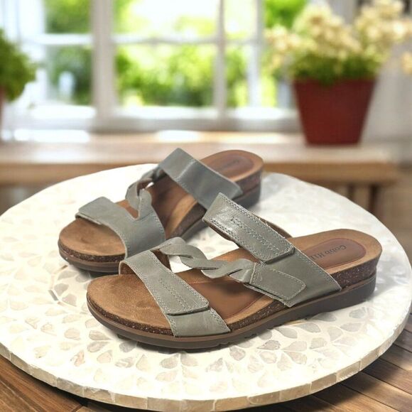 Cobb Hill May Leather Asymmetrical Slide Sandals Women’s 8 X Wide Sage Comfort - Picture 11 of 13